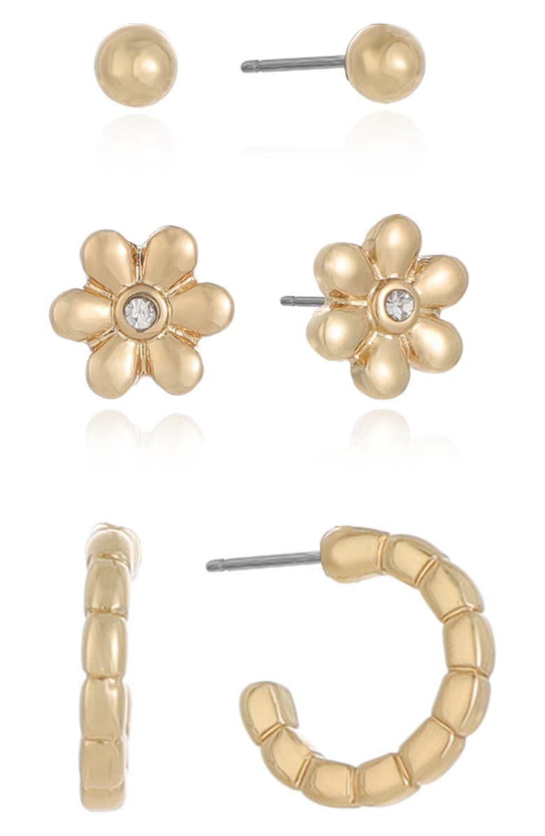 Ettika Set of 3 Assorted Stud & Hoop Earrings, Alternate, color, Gold