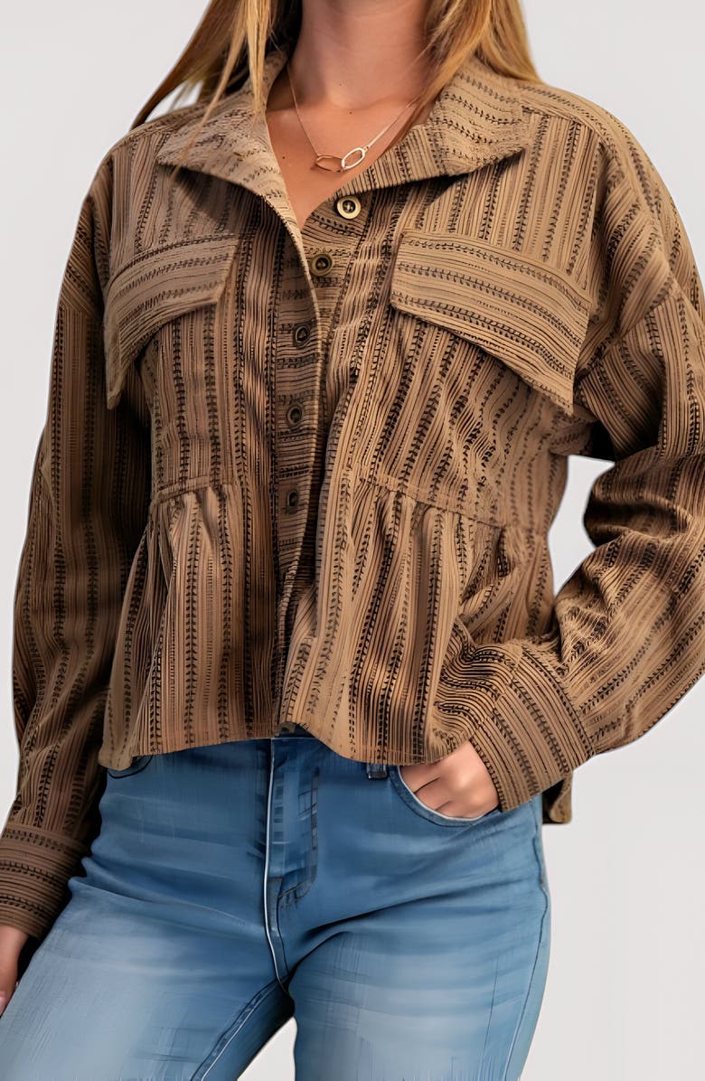 Modenaire Striped Button-Front Shirt Jacket with Peplum Hem and Chest Pockets, Alternate, color,