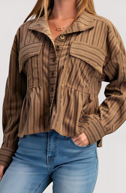 Modenaire Striped Button-front Shirt Jacket With Peplum Hem And Chest Pockets In Brown