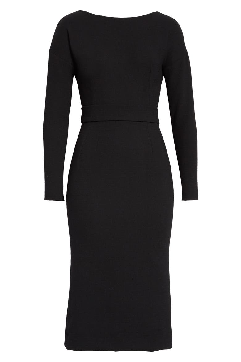 Bow Back Long Sleeve Wool Blend Crepe Dress, Alternate, color, BLACK