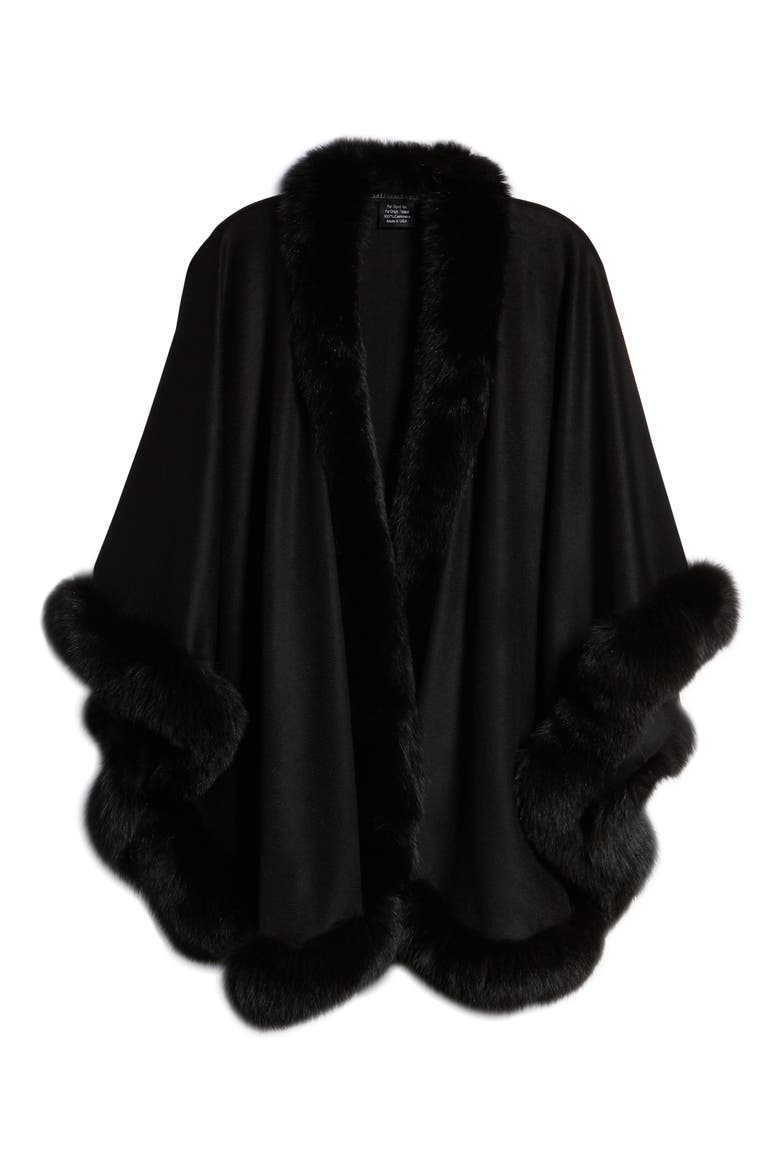 Genuine Fox Fur Trim Cashmere Cape, Alternate, color, BLACK