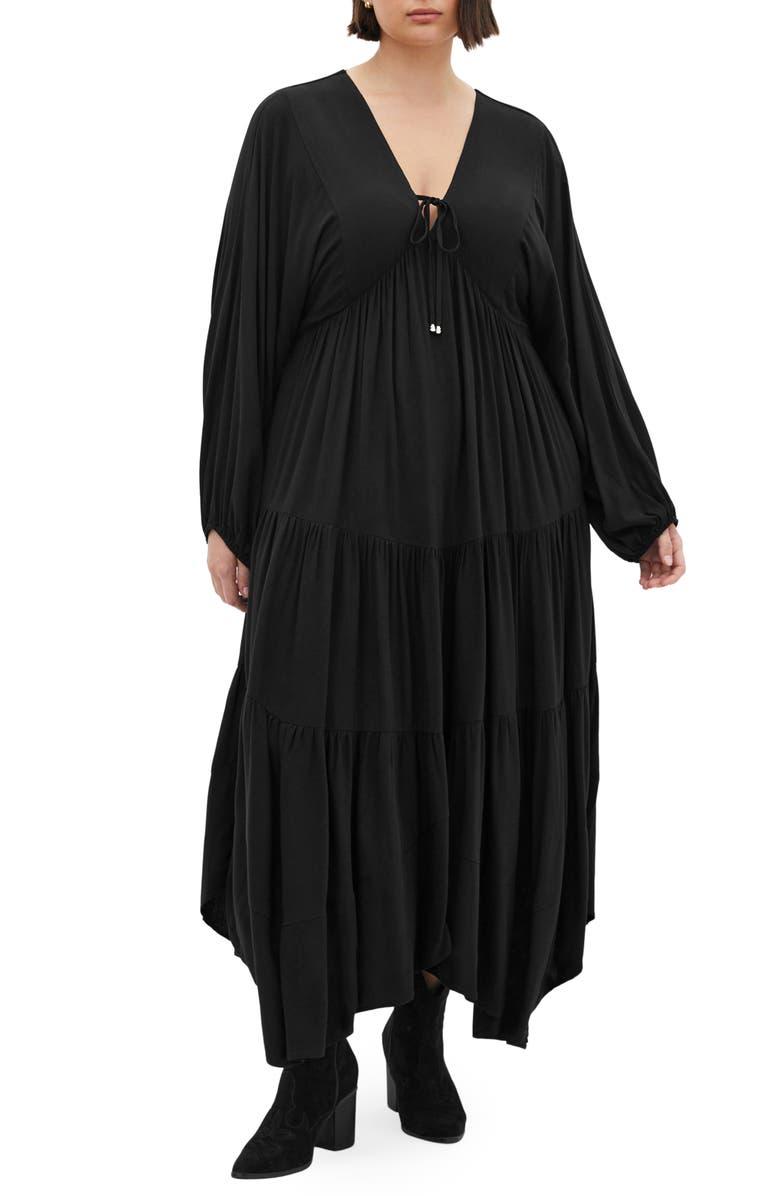 City Chic Divine Grace Long Sleeve Handkerchief Hem Dress, Main, color, Black