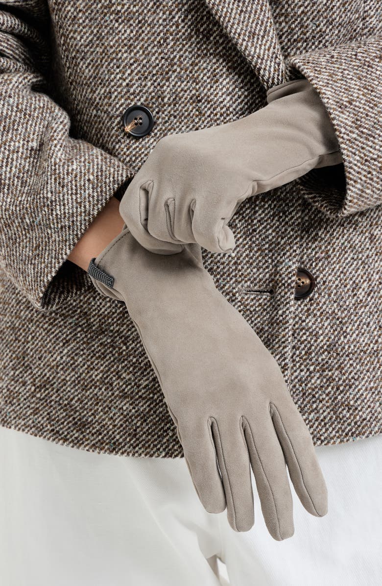 Brunello Cucinelli Suede gloves with monili, Alternate, color, Beige