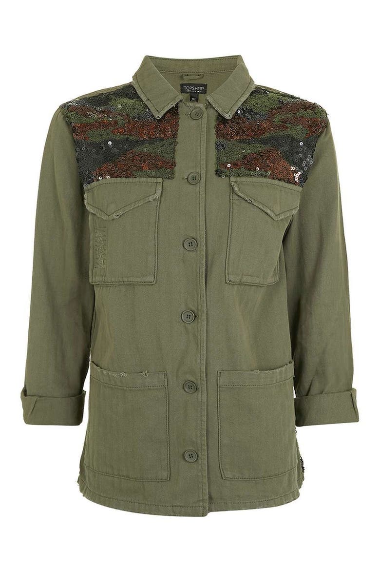 Camo Sequin Shirt Jacket, Alternate, color, OLIVE