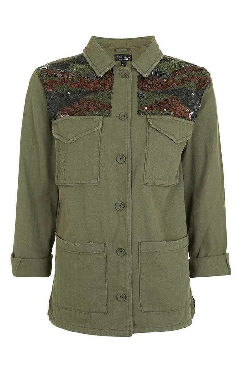 Topshop Camo Sequin Shirt Jacket, Alternate, color, 