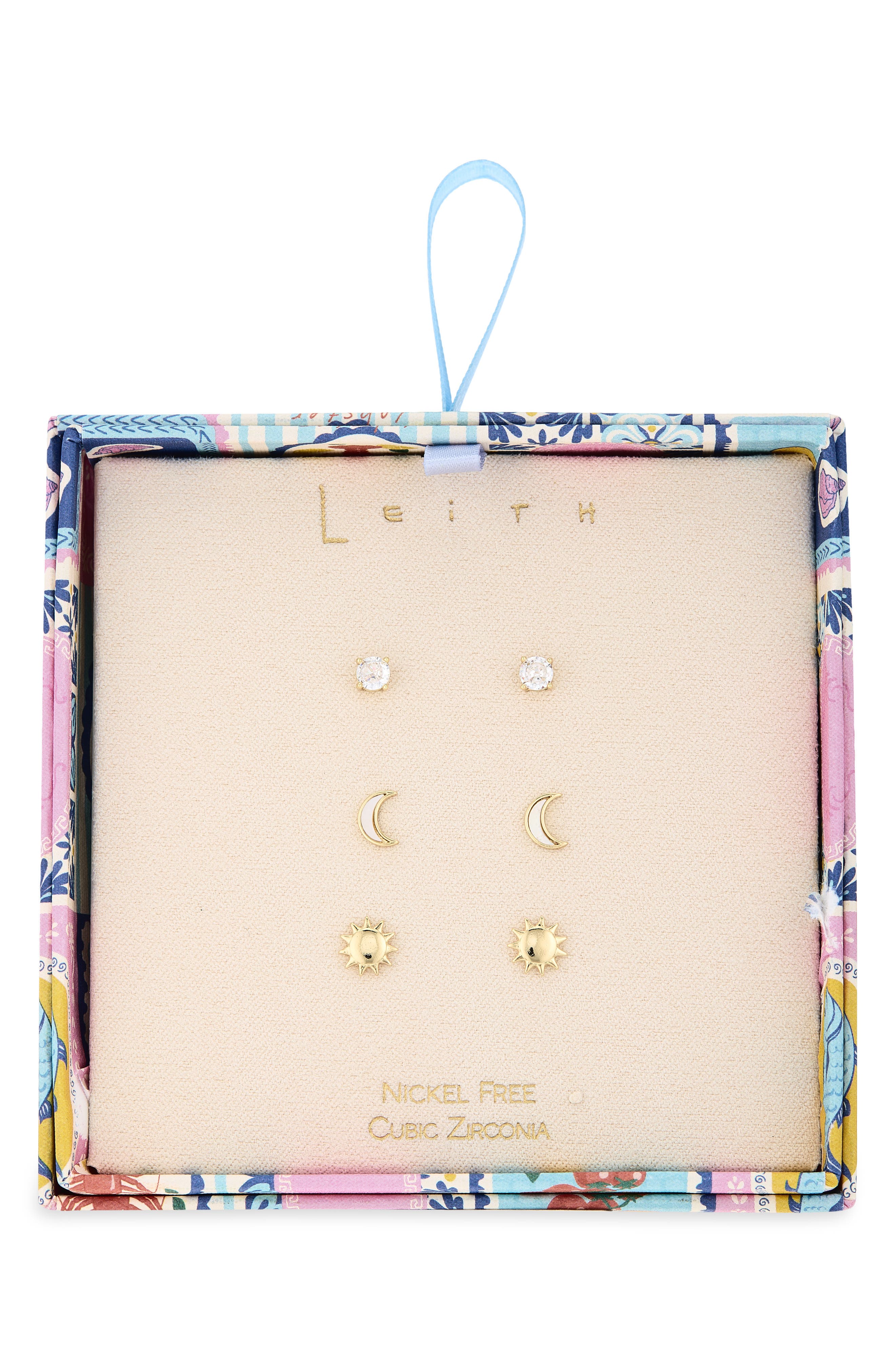 Leith 3-Pack Assorted CZ Celestial Stud Earrings