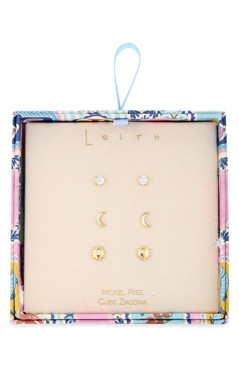 3-Pack Assorted CZ Celestial Stud Earrings