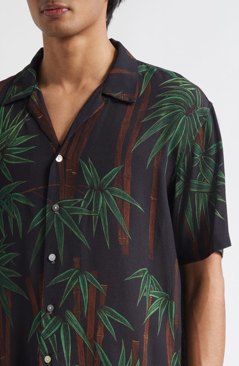 ENDLESS JOY Bamboo Print Crepe Button-Up Shirt, Alternate, color, Black