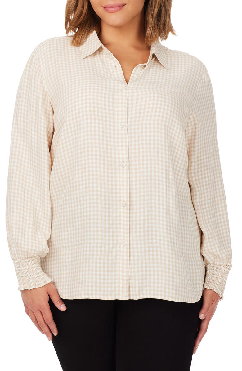 Foxcroft Astria Glitter Gingham Cotton Blend Button-Up Shirt, Main, color, Ivory Multi