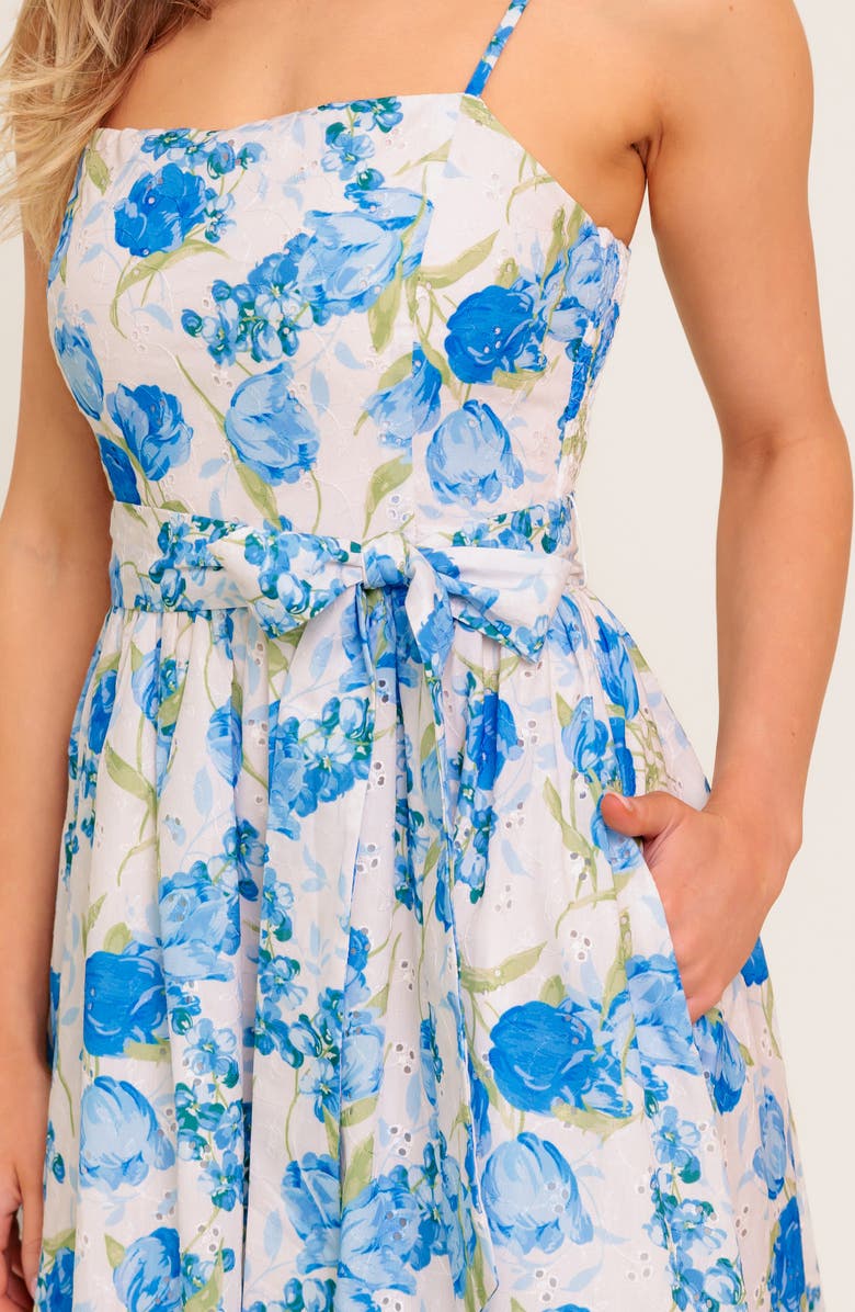 FLYING TOMATO Tie Waist Fit & Flare Midi Dress, Alternate, color, Ivory Blue