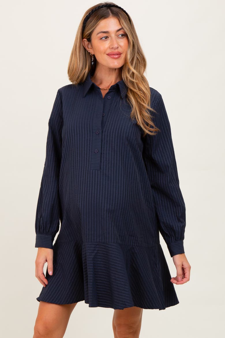 Striped Long Sleeve Drop Waist Polo Dress, Alternate, color, Navy Blue