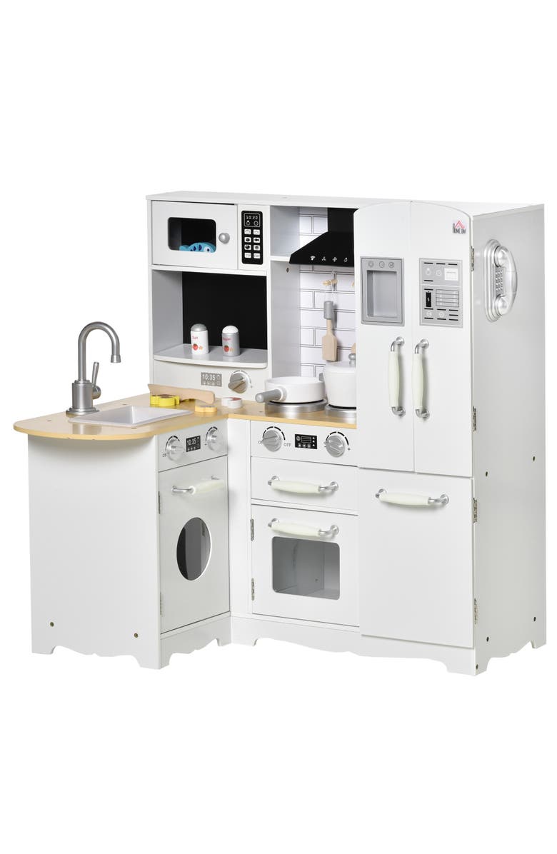 Qaba Kids Corner Kitchen Pretend Play Toy with Sound Effect, Appliances, Sink​, Main, color, White, Silver;