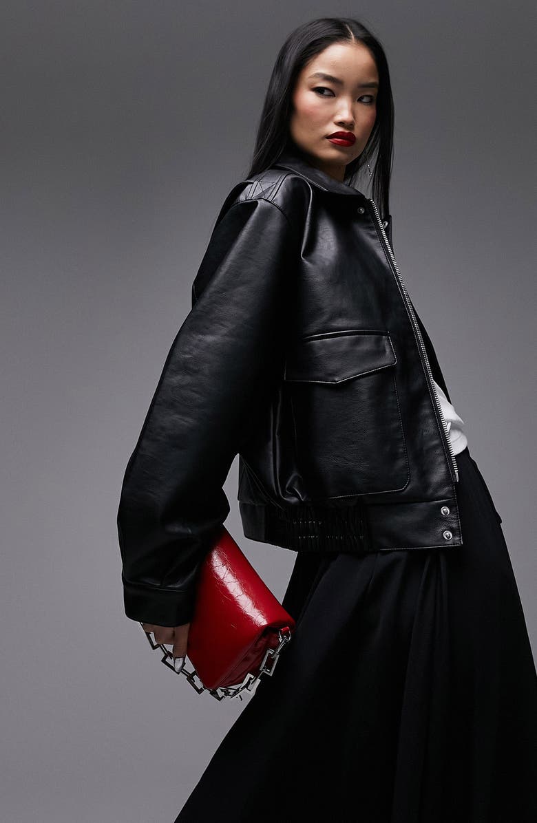 Topshop Oversize Faux Leather Bomber Jacket, Alternate, color, 
