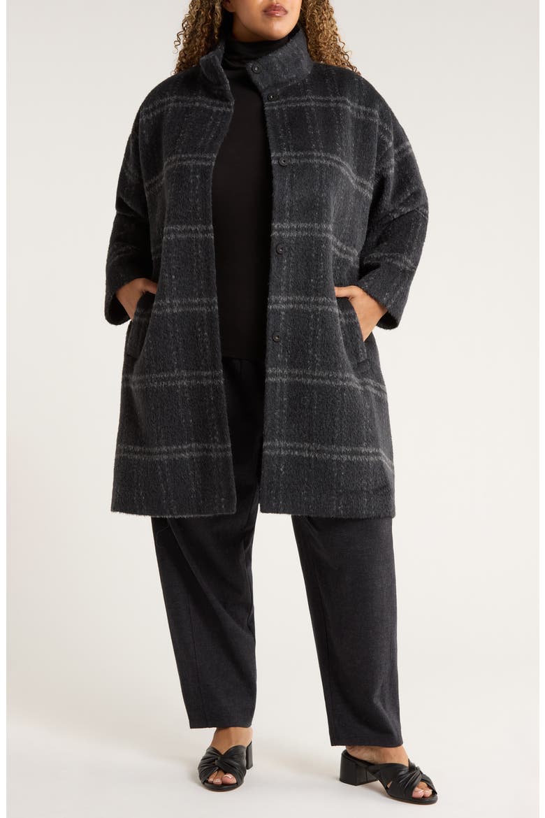 Plaid Stand Collar Alpaca & Wool Blend Coat, Main, color, CHARCOAL