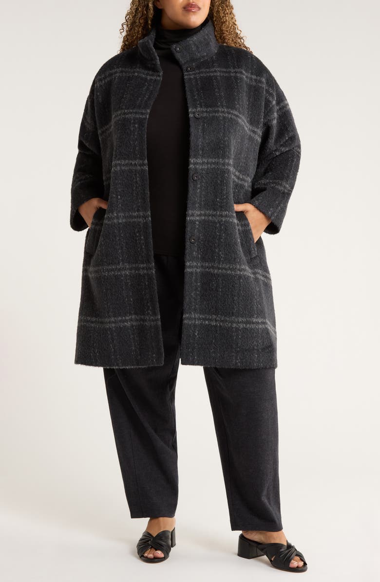Eileen Fisher Plaid Stand Collar Alpaca & Wool Blend Coat, Main, color, Charcoal