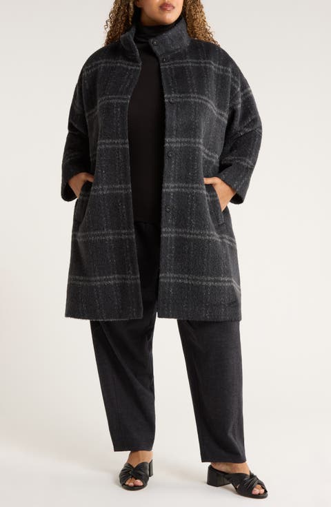 Plaid Stand Collar Alpaca & Wool Blend Coat (Plus)