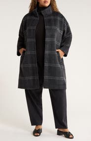 Eileen Fisher Plaid Stand Collar Alpaca & Wool Blend Coat