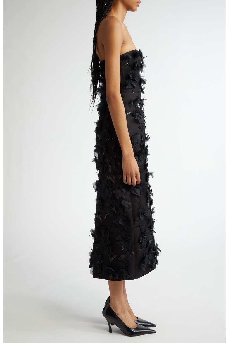 Floral Strapless Silk & Wool Dress, Alternate, color, BLACK