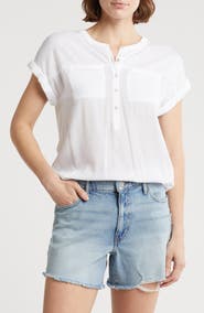 Lucky Brand Mixed Media Short Sleeve Cotton Henley Top