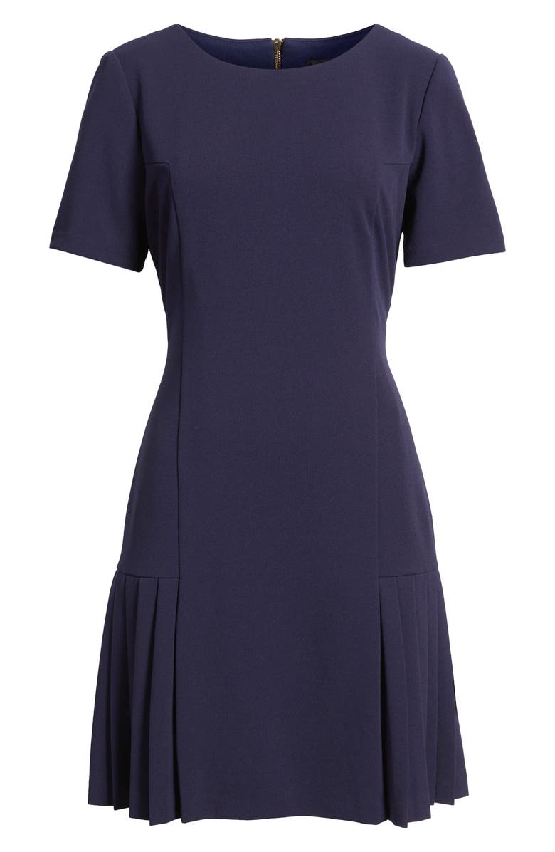 Tahari ASL Kick Pleat Short Sleeve Stretch Crepe Dress, Alternate, color, Midnight Navy