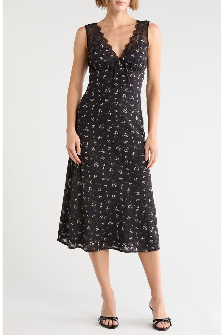 Lace Trim V-Neck Midi Dress, Main, color, BLACK FLORAL