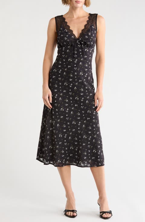 Lace Trim V-Neck Midi Dress