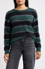 CITY BLUES Stripe Metallic Boat Neck Sweater