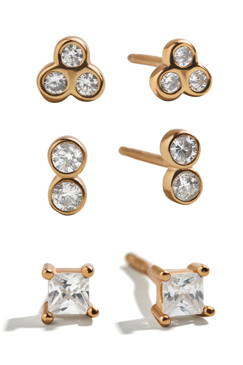 Beckett Set of 3 Water Resistant Stud Earrings, Main, color, GOLDTONE PLATE/ CUBIC ZIRCONIA