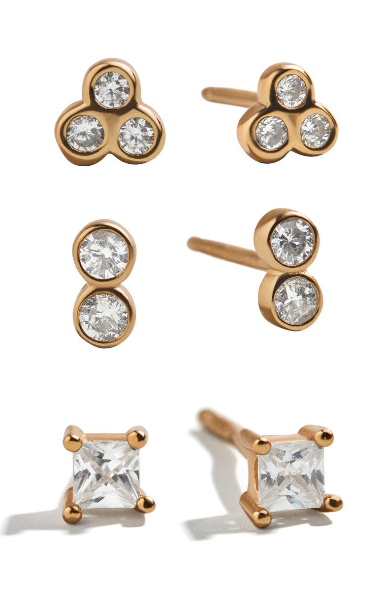 BaubleBar Beckett Set of 3 Water Resistant Stud Earrings, Main, color, Goldtone Plate/ Cubic Zirconia