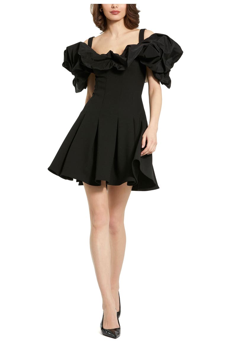 Mac Duggal Crepe Godet Hem Mini Dress With Faille Ruffle, Main, color, Black