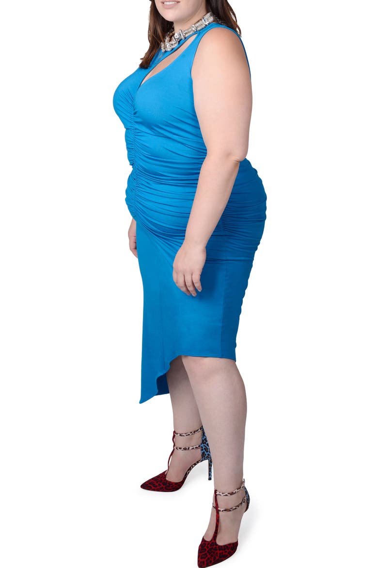 Sarah Cutout Asymmetric Shirred Dress, Alternate, color, BLUE