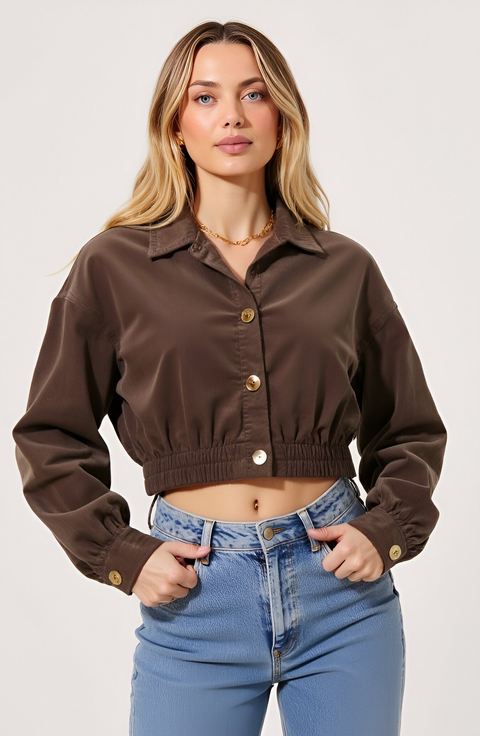 Cropped Collared Button-Up Stretch Hem Jacket