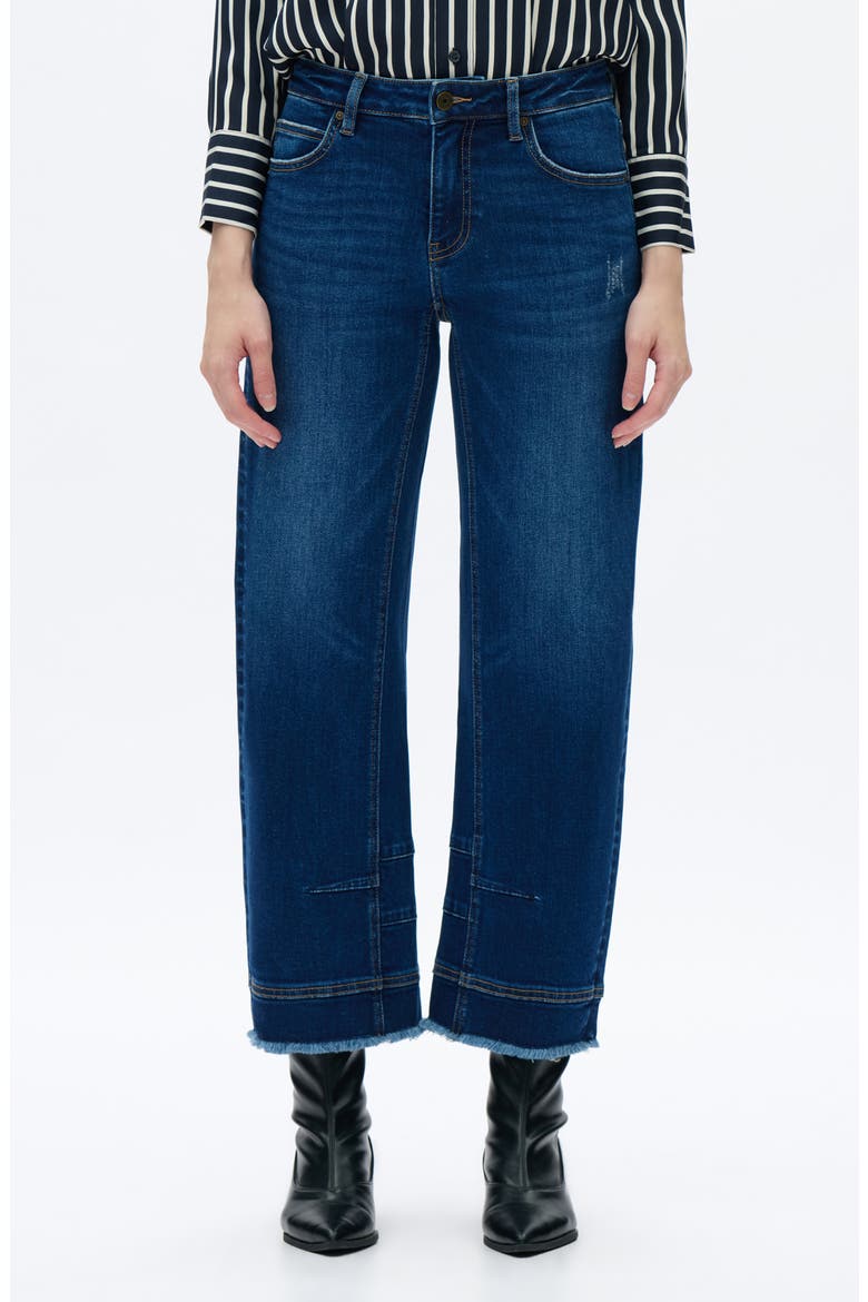 Frayed Mid Rise Ankle Barrel Leg Jeans, Main, color, DARK BLUE