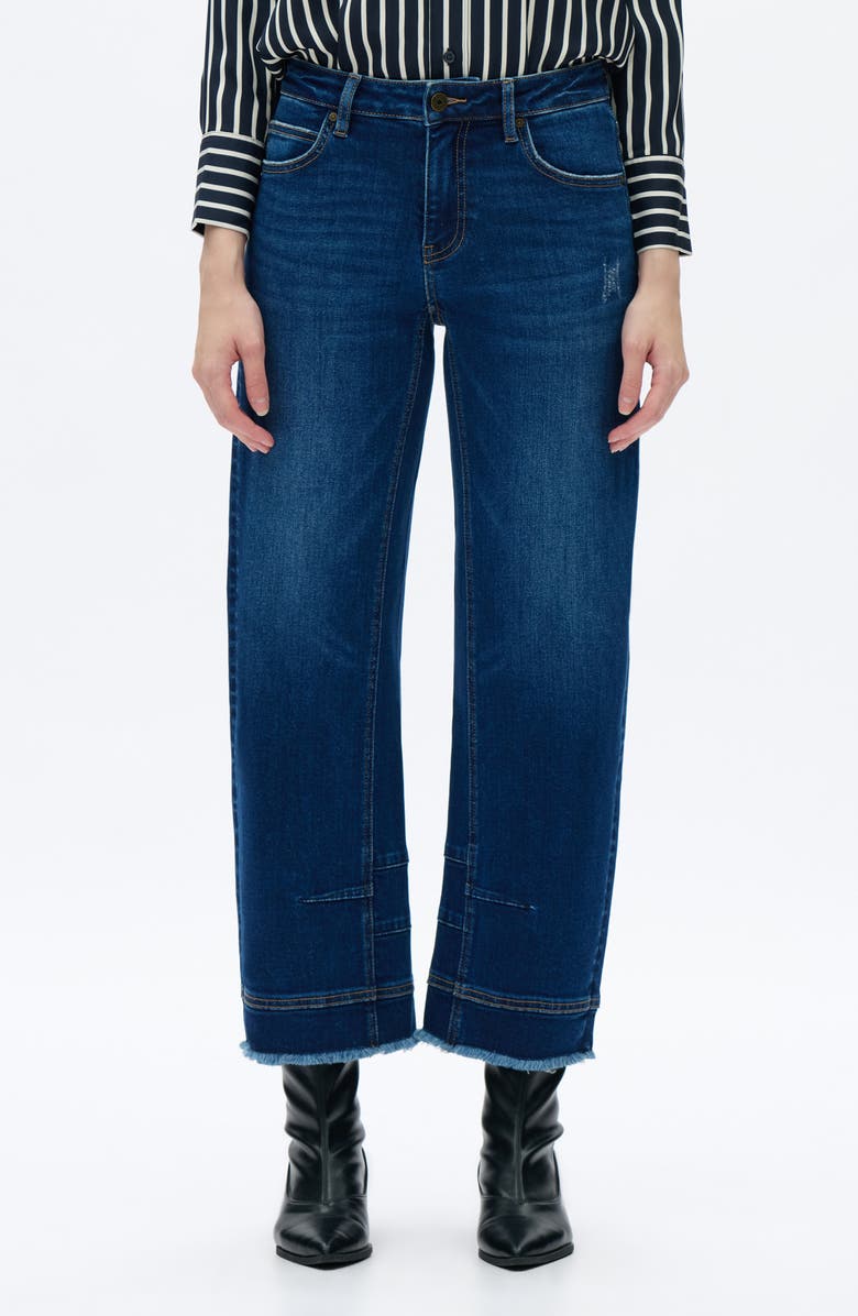 Bayeas Frayed Mid Rise Ankle Barrel Leg Jeans, Main, color, Dark Blue