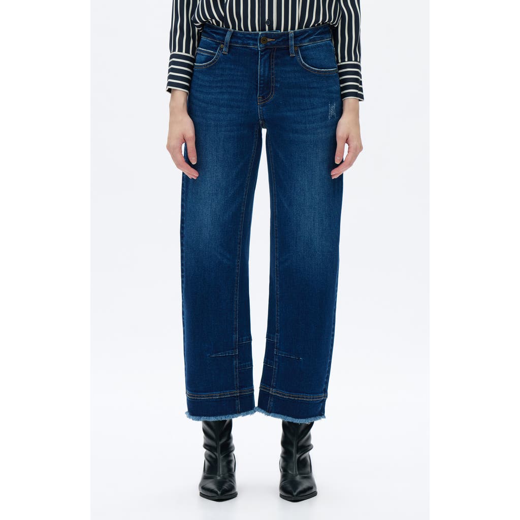 Bayeas Frayed Mid Rise Ankle Barrel Leg Jeans In Blue