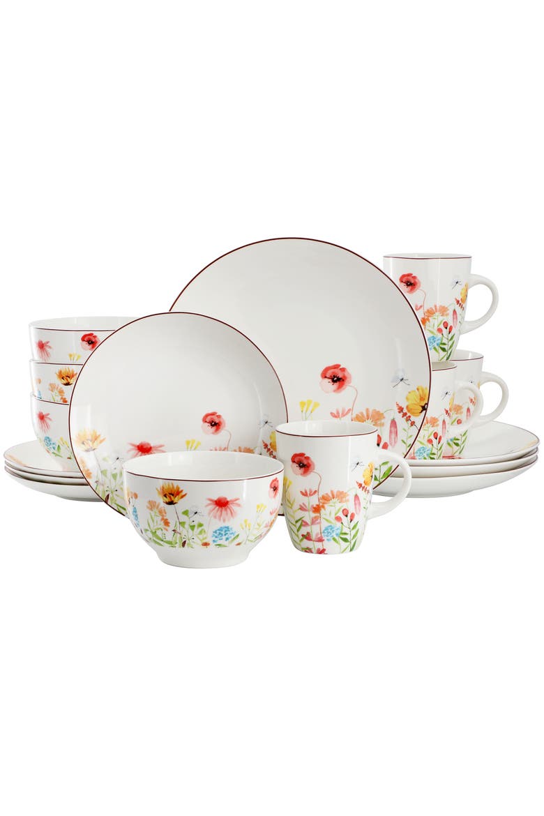 Wildflower Meadow 16 Piece Stoneware Dinnerware Set, Main, color, White