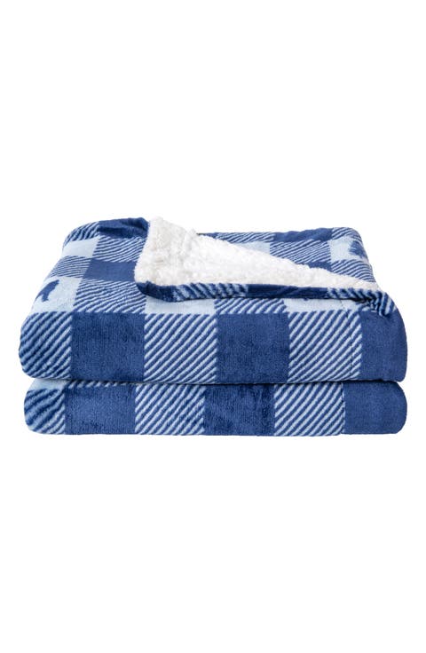 Logde Plaid Print Reversible Faux Shearling Throw Blanket