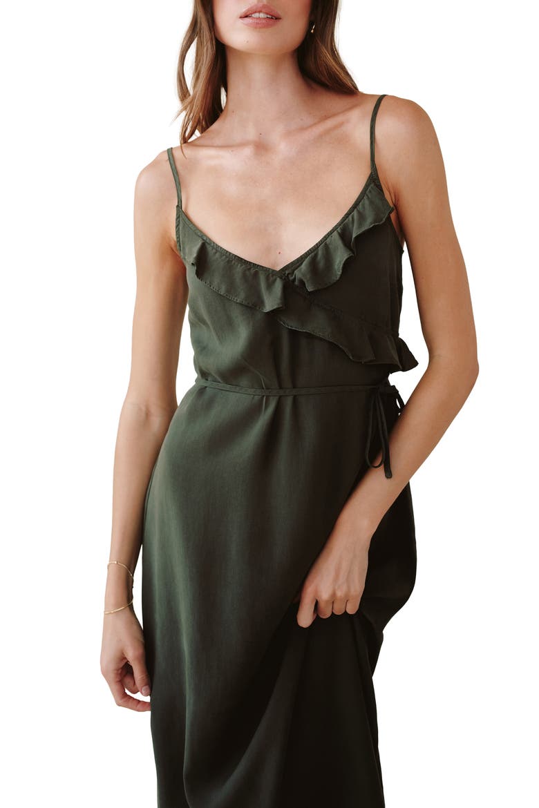 Ruflfe Faux Wrap Removable Tie Belt Midi Dress, Alternate, color, FOREST ARMY