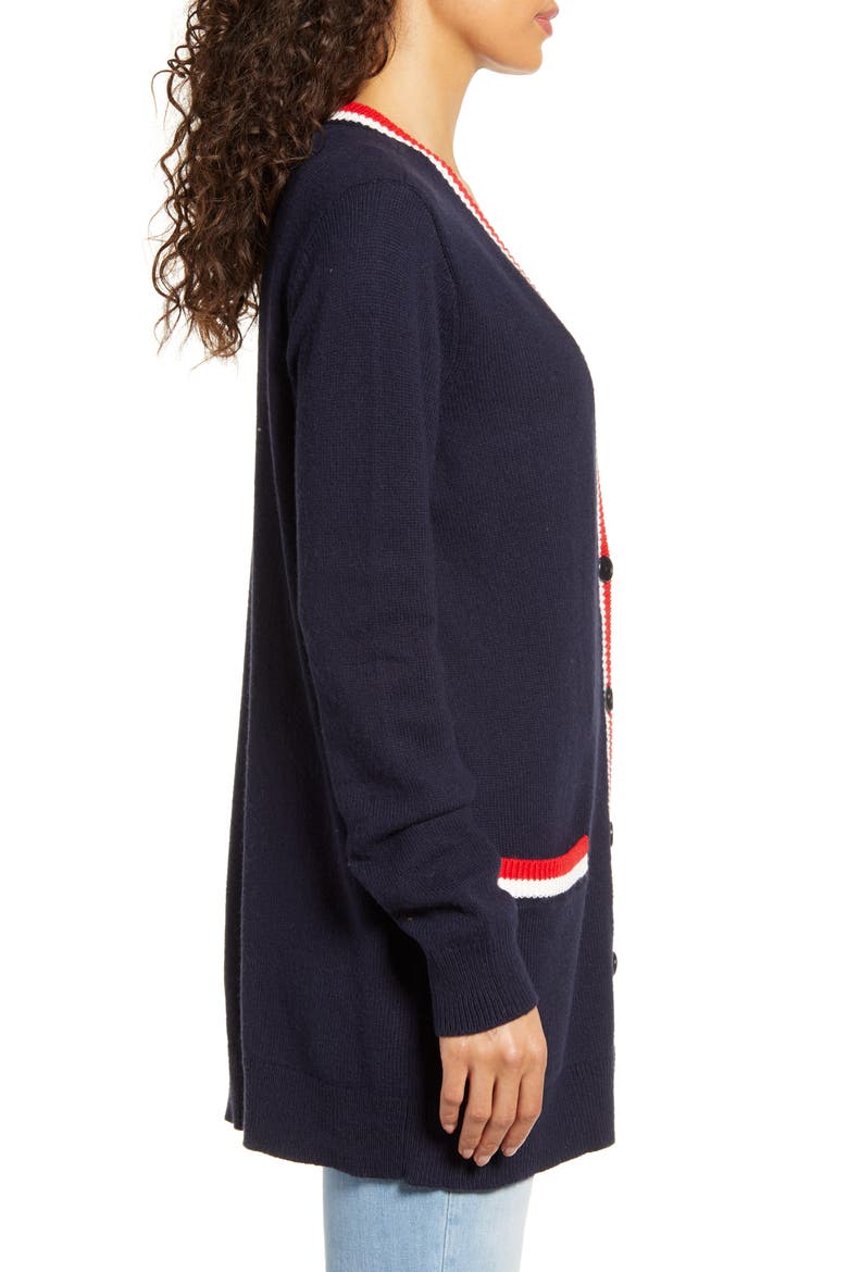 Tipped Long Cardigan, Alternate, color, NAVY- IVORY RED TIP