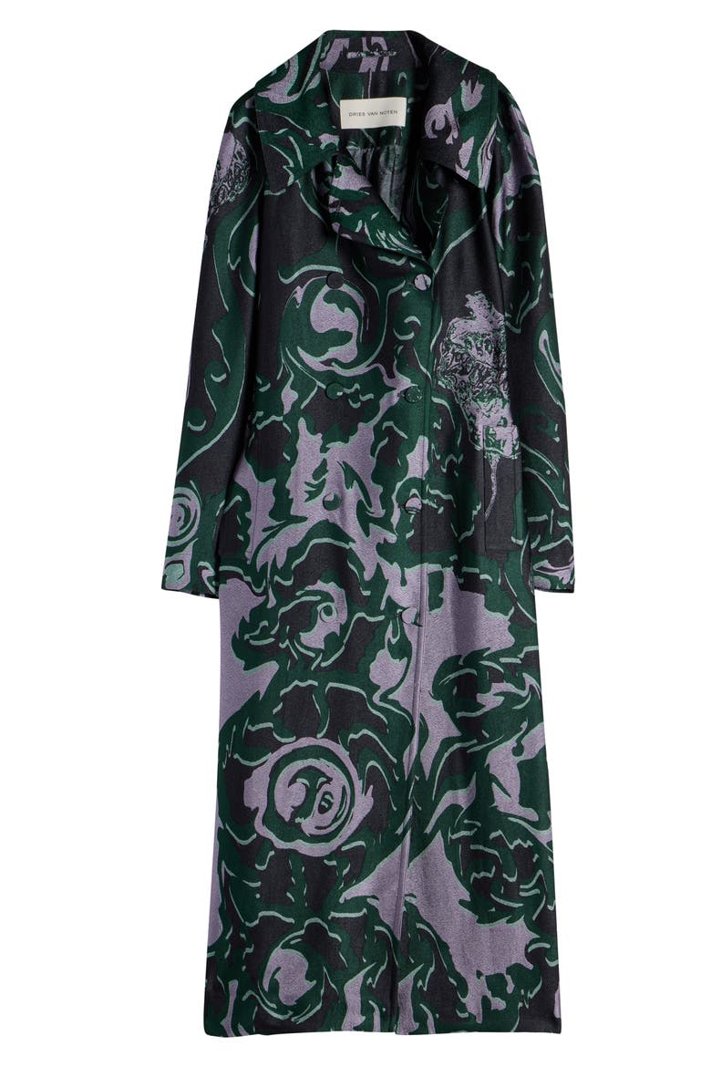 Rolanas Abstract Floral Jacquard Crepe Trench Coat, Alternate, color, DARK GREEN