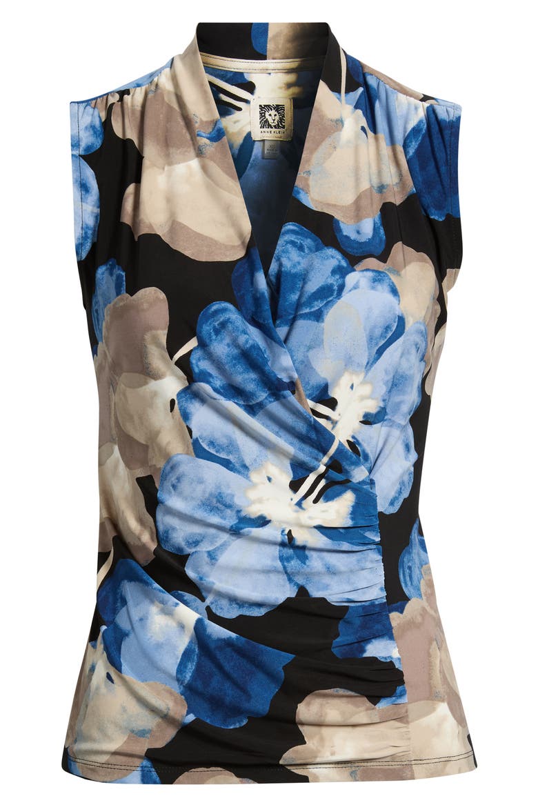 Floral Ruched Faux Wrap Top, Alternate, color, ANNE BLACK/ DUTCH BLUE MULTI