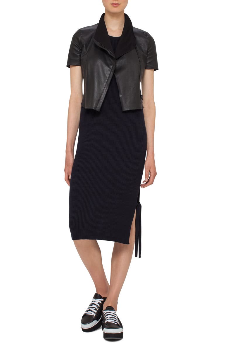 Akris punto Leather Mini Biker Jacket, Main, color, Black