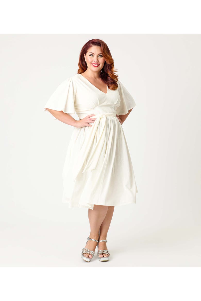 Plus Size 1940s Velvet Flutter Sleeve Swing Dress, Main, color, Ivory Peacock Print