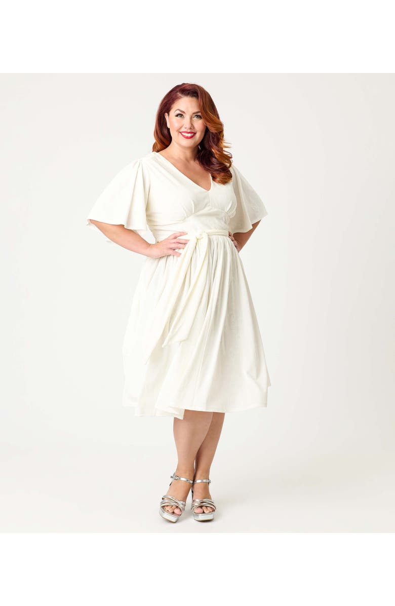 Unique Vintage Plus Size 1940s Velvet Flutter Sleeve Swing Dress, Main, color, Ivory Peacock Print