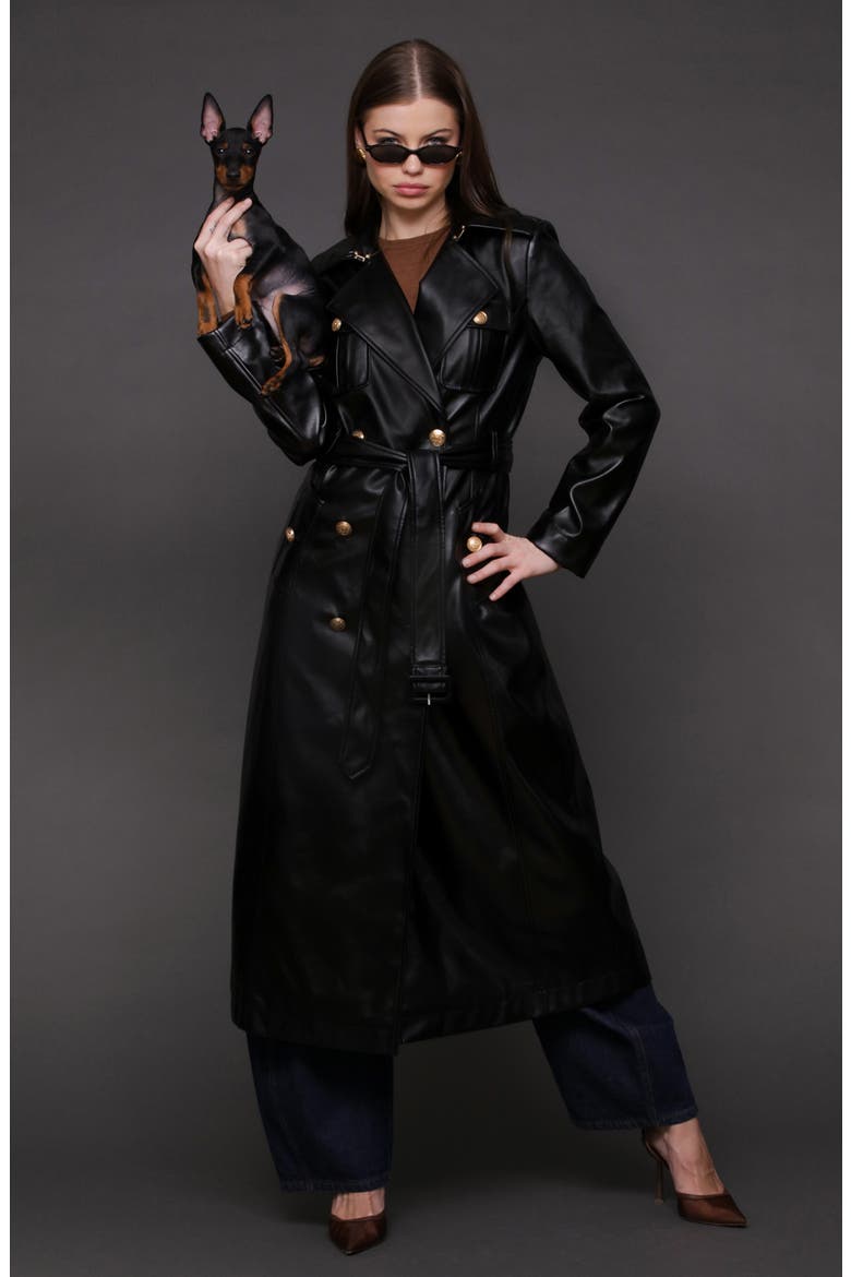 Belted Faux Leather Utility Trench Coat, Alternate, color, BLACK