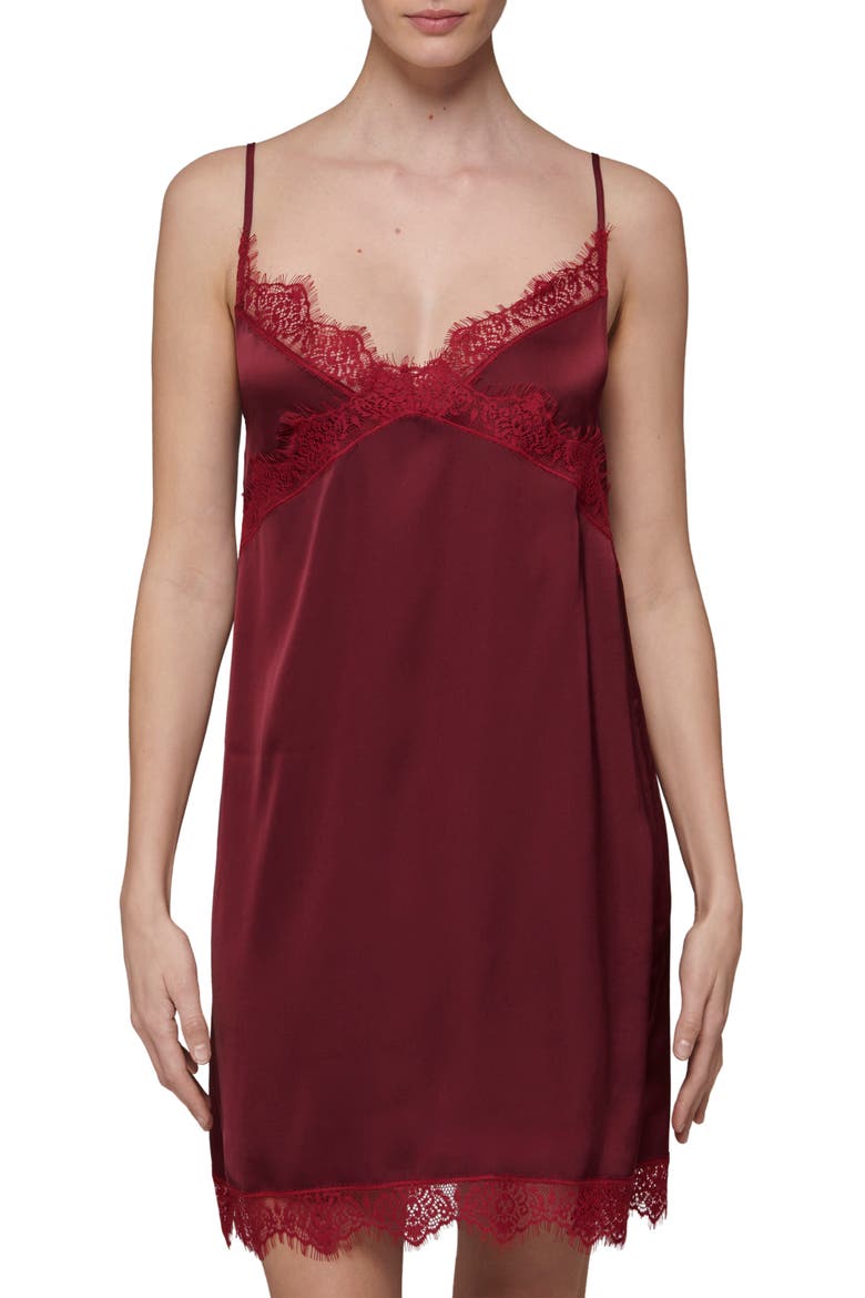 Lace Trim Satin Chemise, Main, color, SPINEL RED
