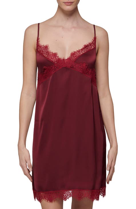 Stretch Lace Chemise With Faux Fur Pom Poms - One Size - high quality Red