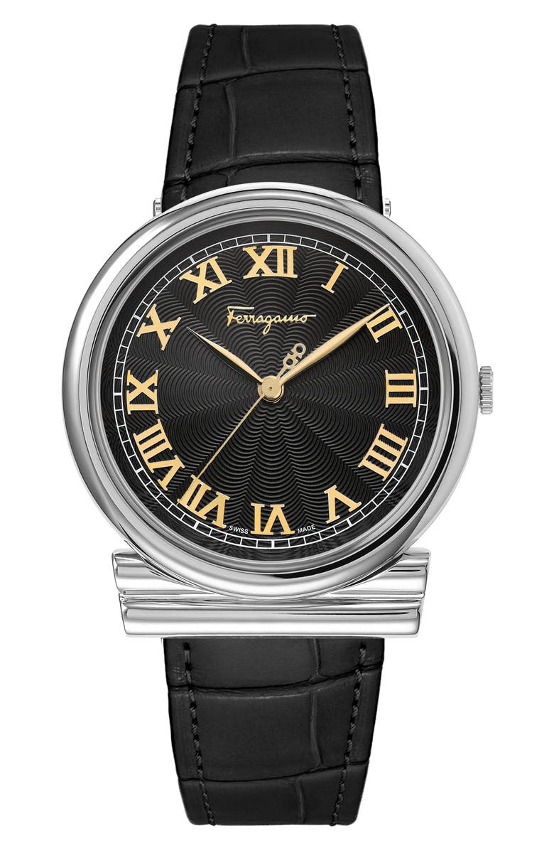 FERRAGAMO Gancino Croc-Embossed Leather Strap Watch, 34mm, Main, color, 