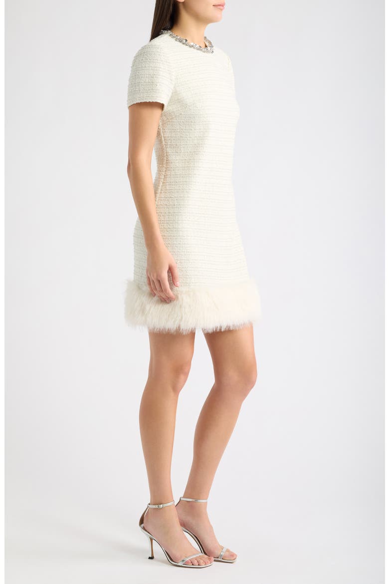 Beaded Neck Faux Fur Hem Tweed Minidress, Alternate, color, VANILLA