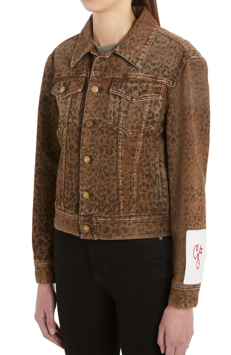Golden Goose Crop Leopard Print Denim Jacket, Alternate, color,